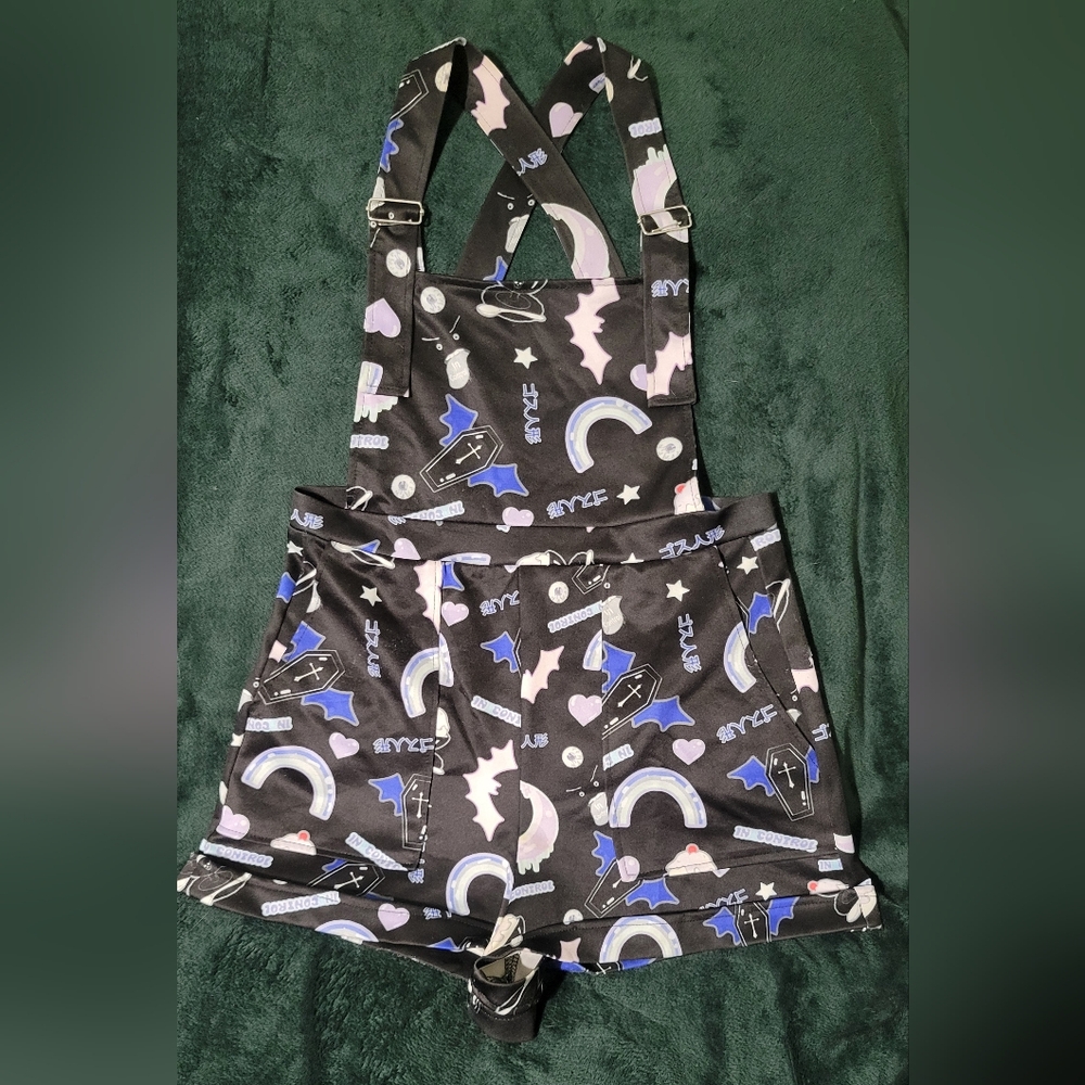 In Control Clothing Pastel Goth Black and Blue Bats Graphic Overalls